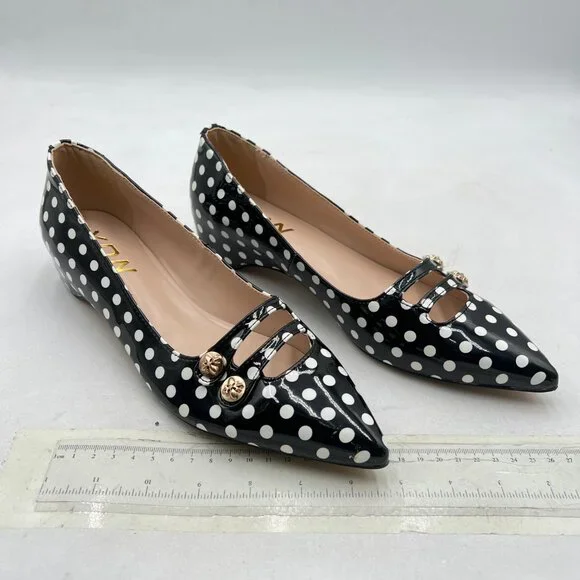 YDN Black Polka Dot Hidden Low Heels Pumps Pointed Toe Slip on Straps Shoes - Picture 4 of 8